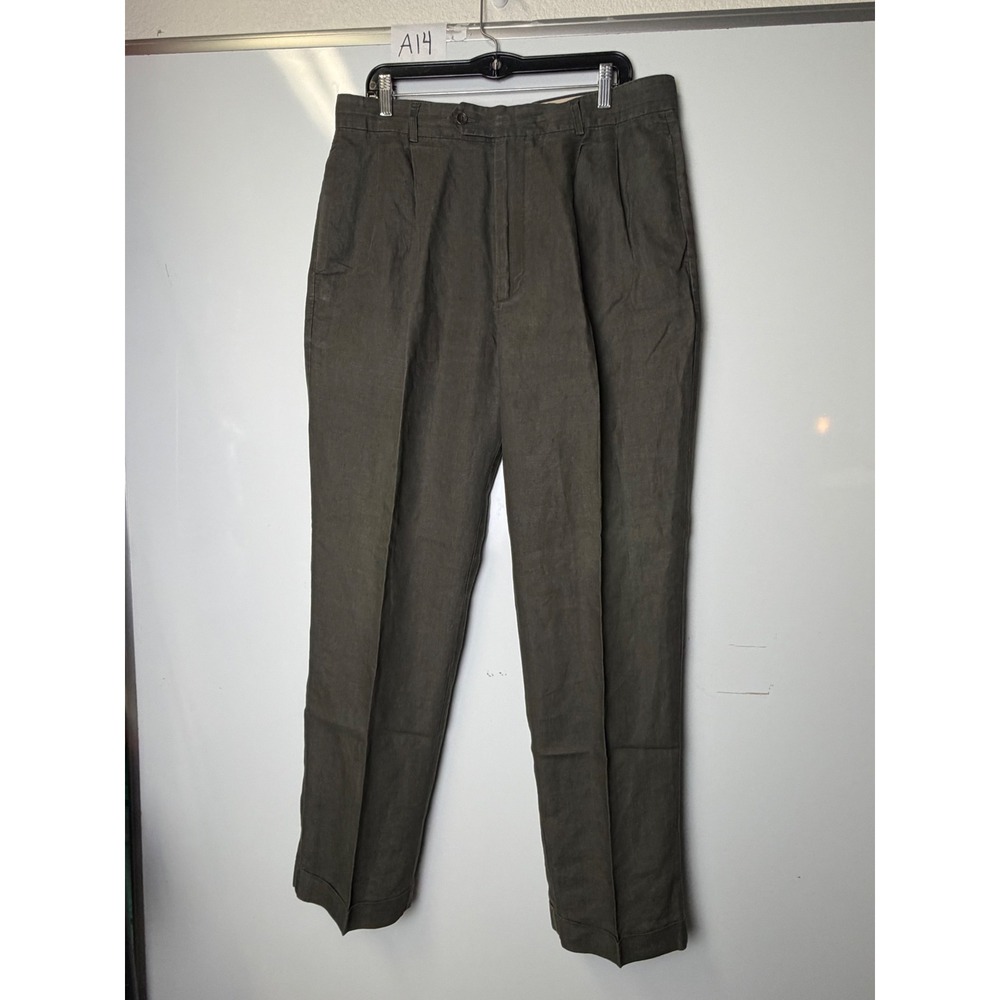 Banana Republic Mens 36L Olive Green 100% Linen Pleated Cuffed Trousers Pants